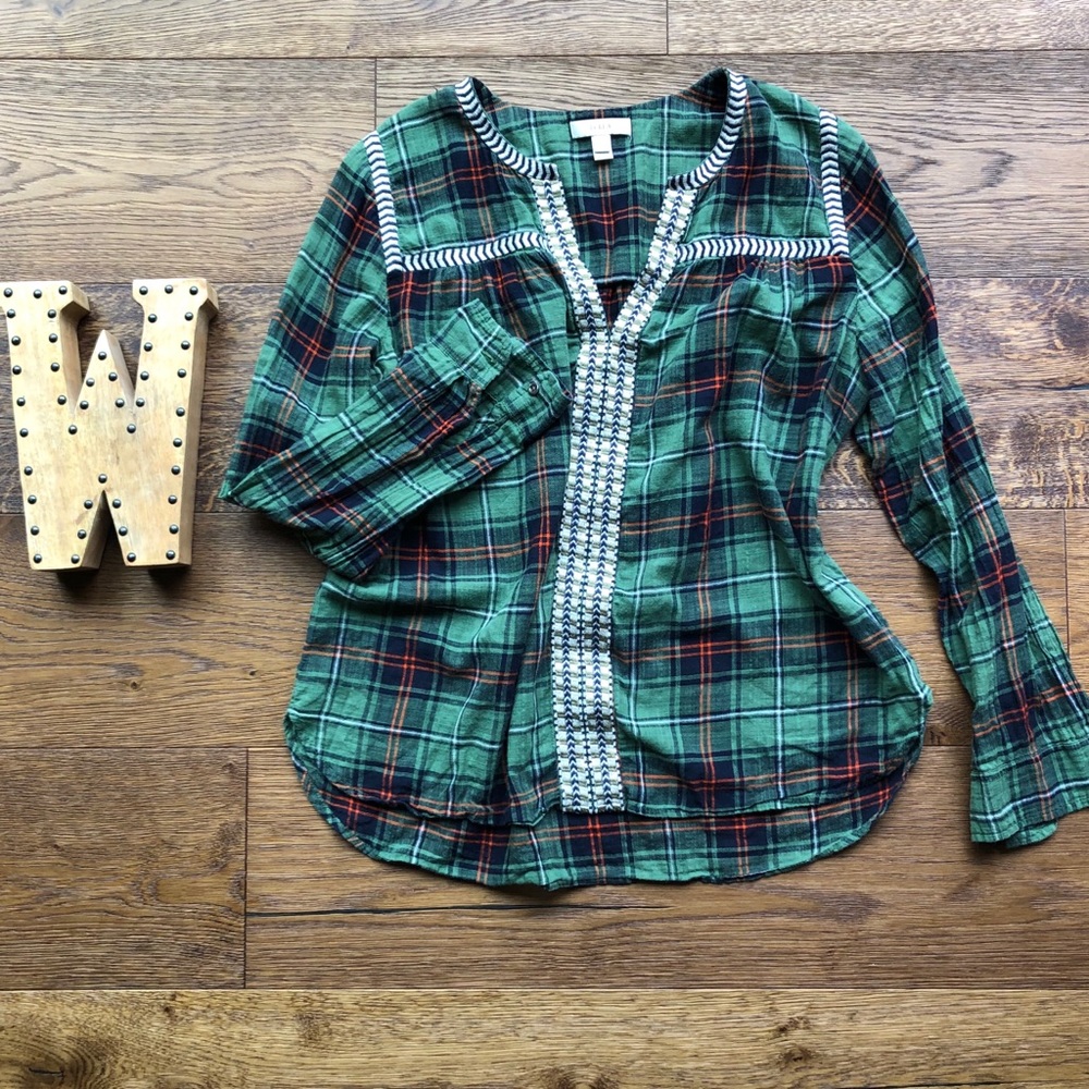 J Crew Plaid shirt with embroidered edges